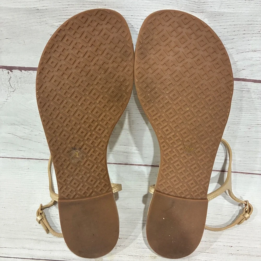 Tory Burch Miller Fringe Sandals Womens 7.5 Gold Metallic Logo Flat Leather